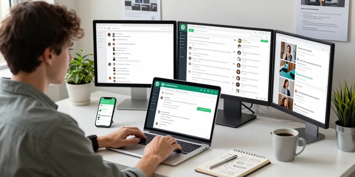 Using WhatsApp網頁版 on a laptop at a modern workspace, showcasing productivity and communication
