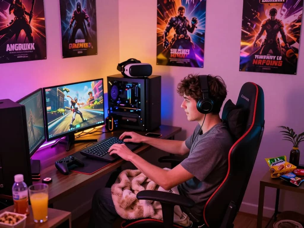 Immerse yourself in adult entertainment and play porn games in a vibrant gaming setup.