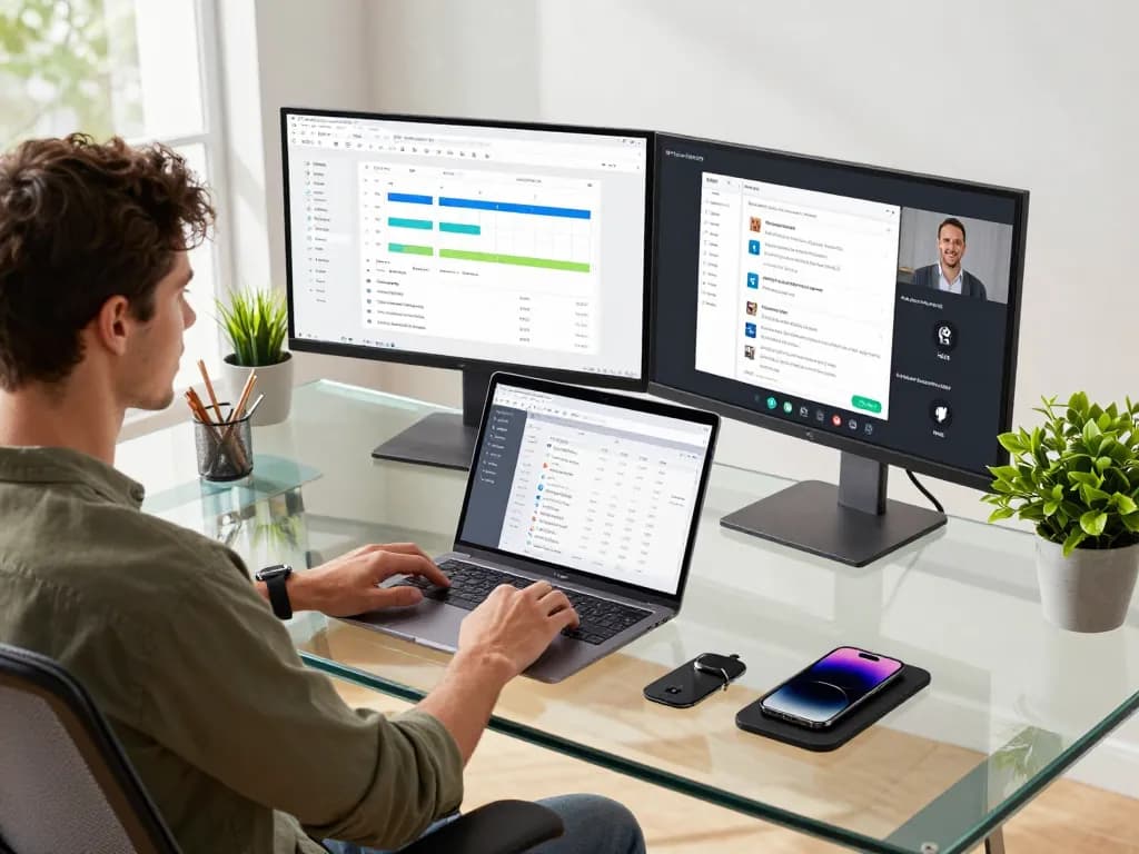 Tech gadgets for productivity showcased in a modern home office with dual monitors and sleek desk.