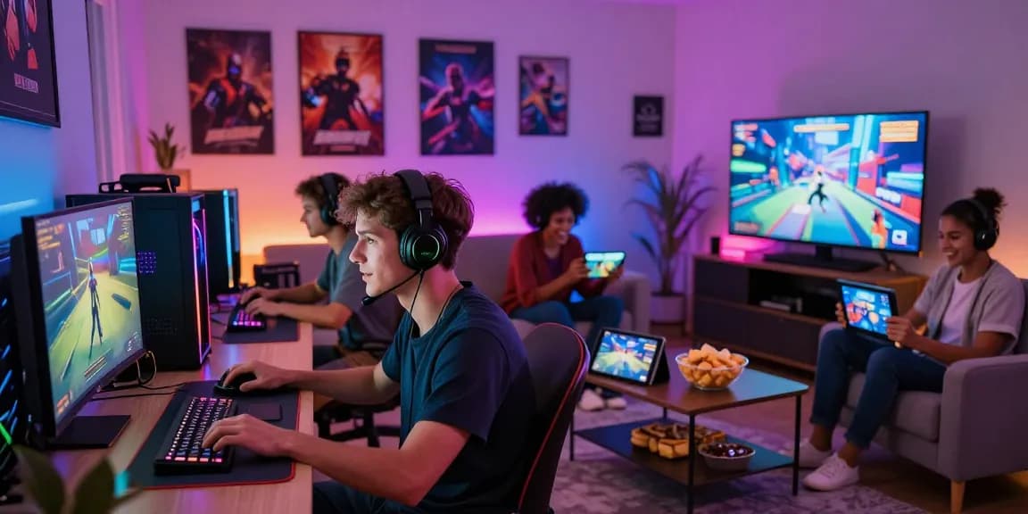 Group of adults enjoying an interactive adult game in a modern gaming room setting.