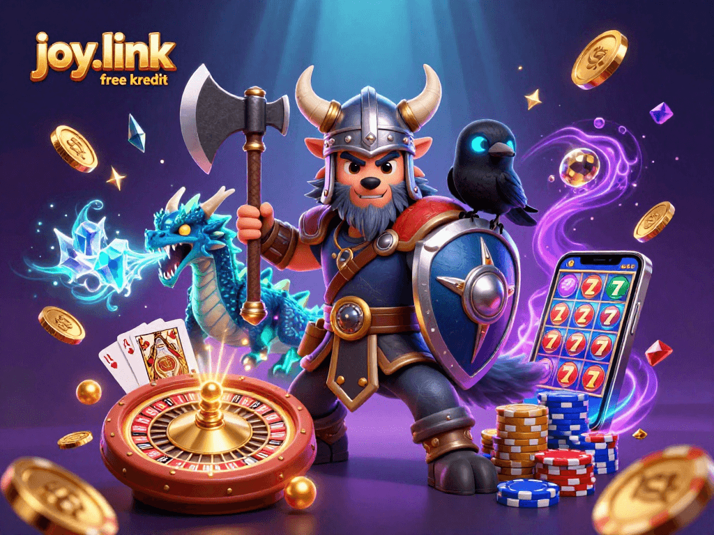 Experience joy.link free kredit in this vibrant 3D casino-themed illustration featuring a Viking wolf warrior and more.