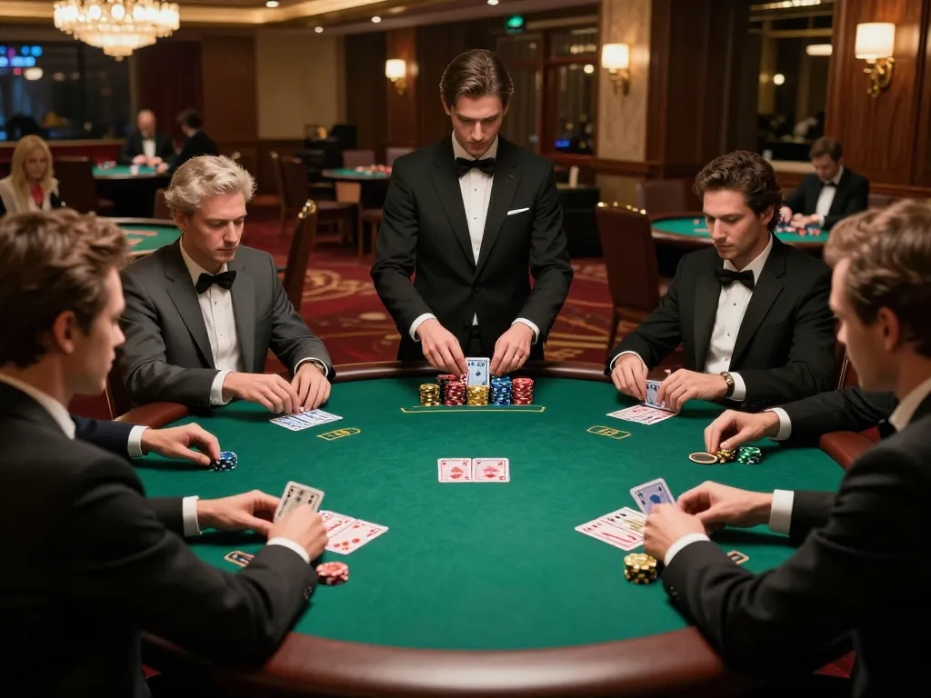 gg88 card players strategizing during a high-stakes poker game in a luxury casino.