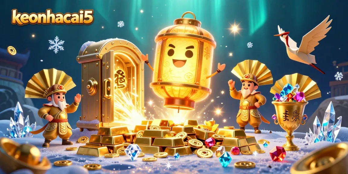 Bet and win with keonhacai5 in this vibrant scene filled with treasures and glorious casino elements.