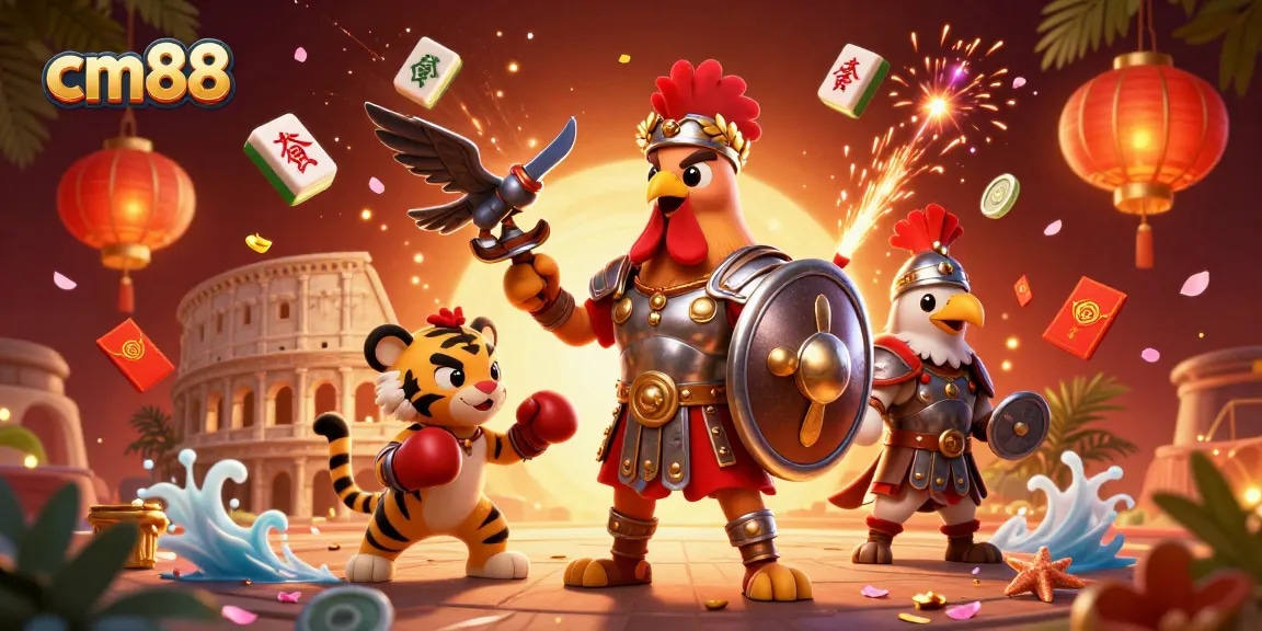 Engage with cm88, where a cartoon gladiator rooster and sparring cub celebrate a lavish casino scene.