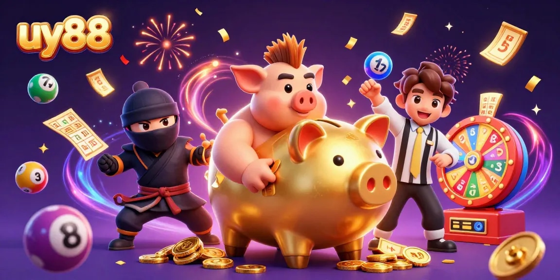 Experience ultimate fun with uy88's exciting golden piggy bank sumo wrestler in a vibrant casino-themed scene