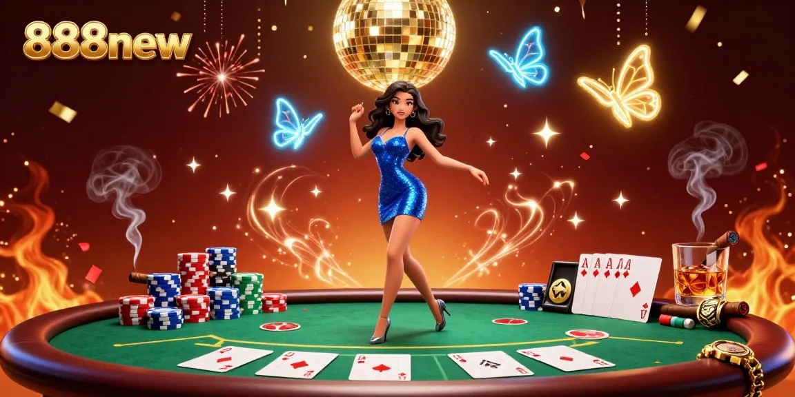 Engage with the vibrant world of 888new featuring a glamorous dance scene amidst dynamic casino elements.