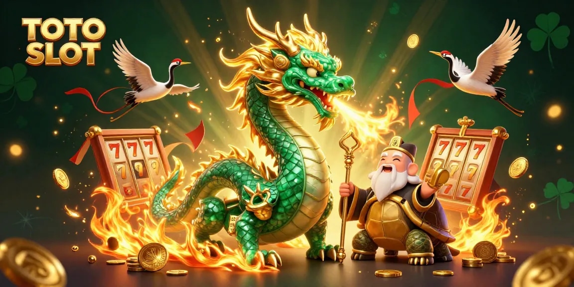 Engage with TOTO SLOT's magical realm featuring a dragon, turtle sage, and lucky cranes amidst glowing casino elements.