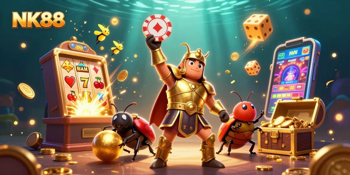 Engage in the thrilling world of NK88 with a heroic beetle celebrating a jackpot victory.
