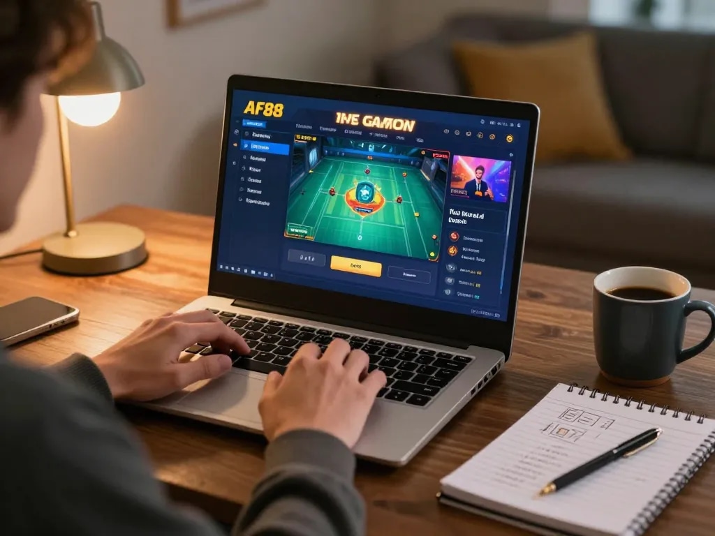 Player enjoying online gameplay at AF88 with betting notes and warm lighting