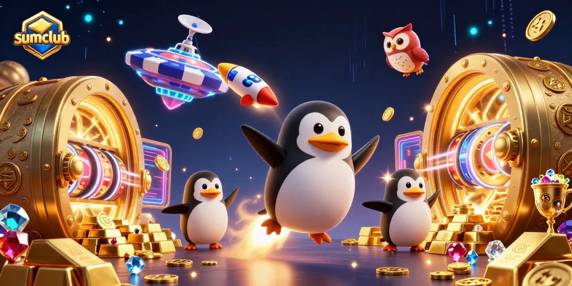 Experience exciting slot actions with sumclub in this vibrant 3D casino illustration, showcasing dynamic energy and rich elements.