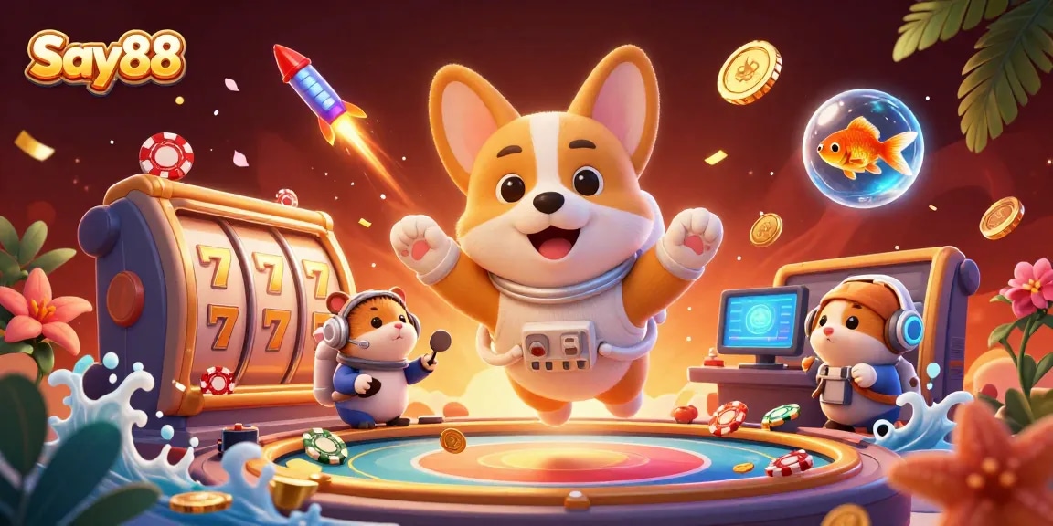 Play exciting games at Say88 casino with a 3D cartoon astronaut corgi and floating elements.