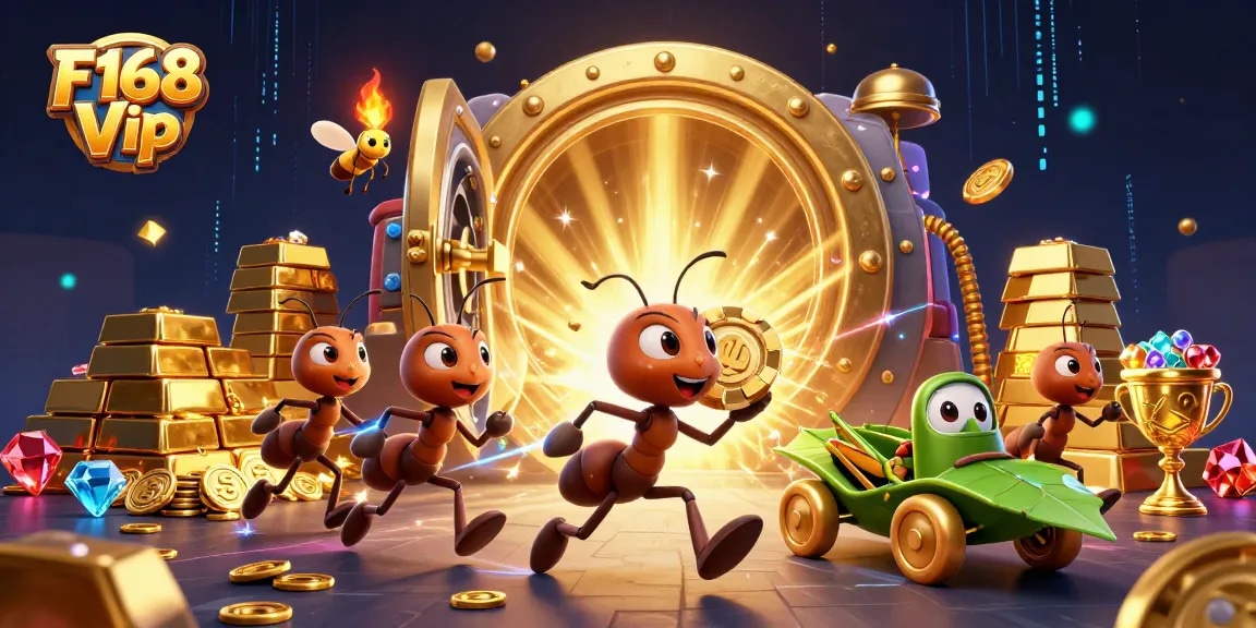 Winning big at F168 Vip with a dynamic cartoon heist scene featuring ants and glowing treasures.