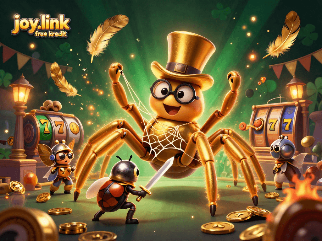 Engage with joy.link free kredit for casino fun featuring a golden tarantula weaving a web amid rich gaming elements.