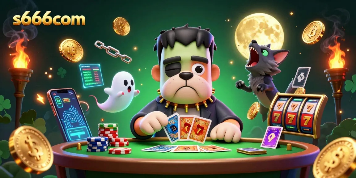 Play your favorite games at s666com with a vibrant 3D illustration of a casino scene featuring unique characters and blockchain elements.