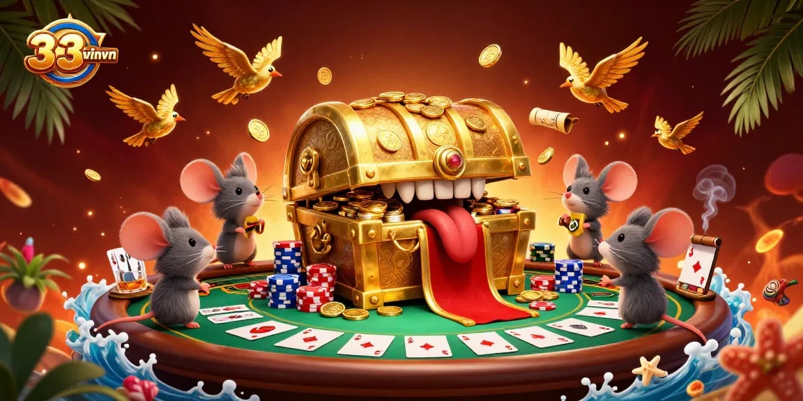 Engage with 33winvn's thrilling gaming experience showcasing a vibrant casino scene packed with lively characters and elements.