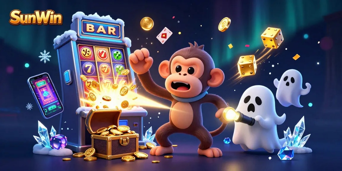 SunWin showcases a thrilling casino adventure with a playful monkey and a curious puppy exploring vibrant games.