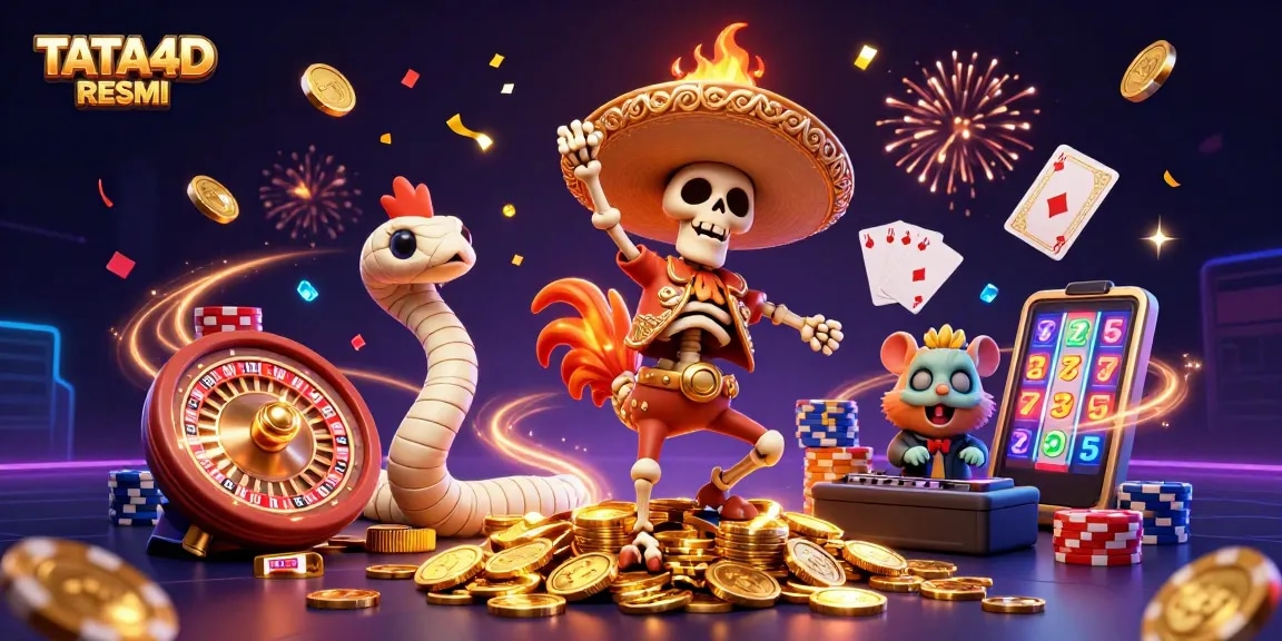 TATA4D RESMI showcases a jubilant mariachi rooster and friends celebrating on golden coins with casino elements.