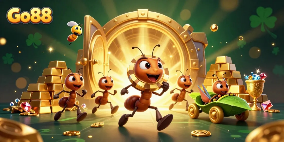 Go88 offers a thrilling illustration of animated heist with ants stealing a giant poker chip.