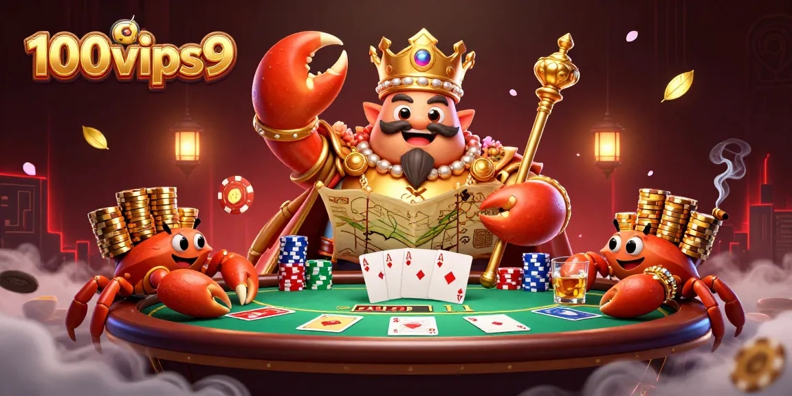 Experience the excitement of 100vips9 through a vibrant illustration of a golden crab emperor in a lively casino setting.