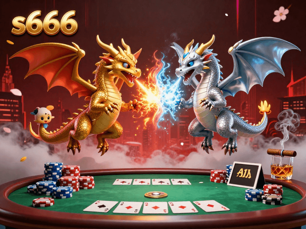 S666 presents a captivating scene with gold and silver dragons in flight amidst vivid gambling elements and poker chips.