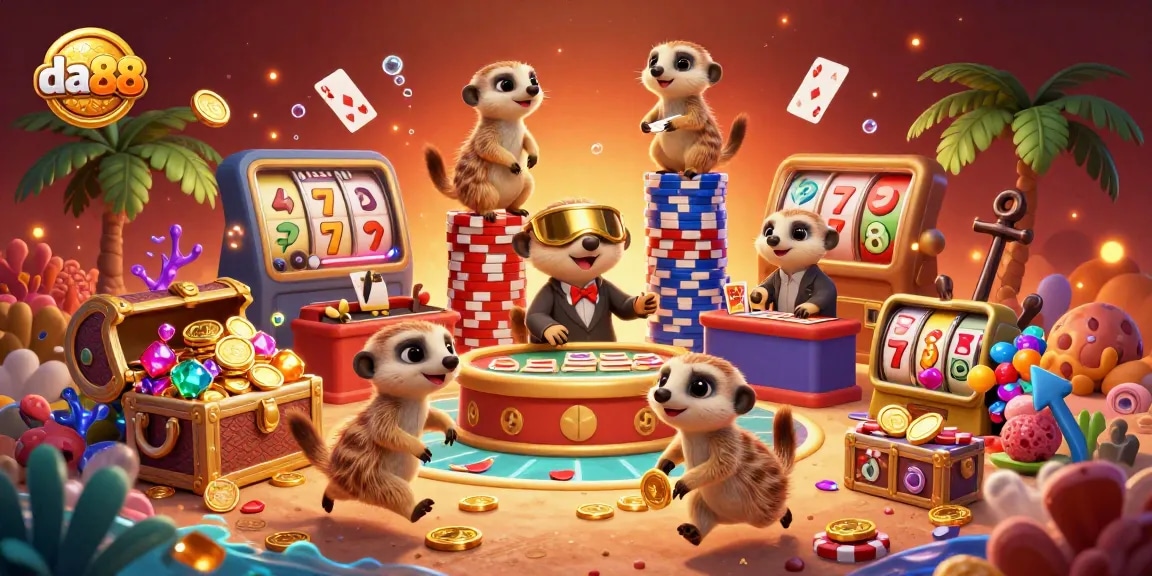 Experience da88 excitement with meerkats in a colorful casino scene filled with gold, gems, and slot games.