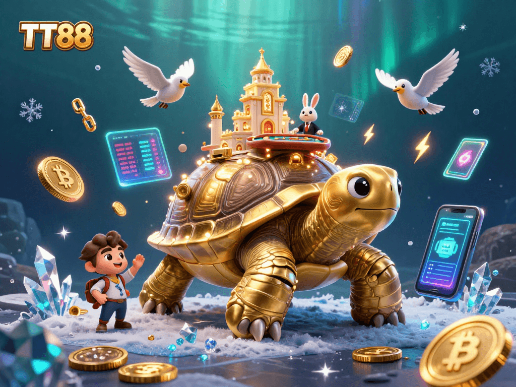 Play exciting games at TT88, featuring a whimsical tortoise casino illustration with dazzling crypto elements.