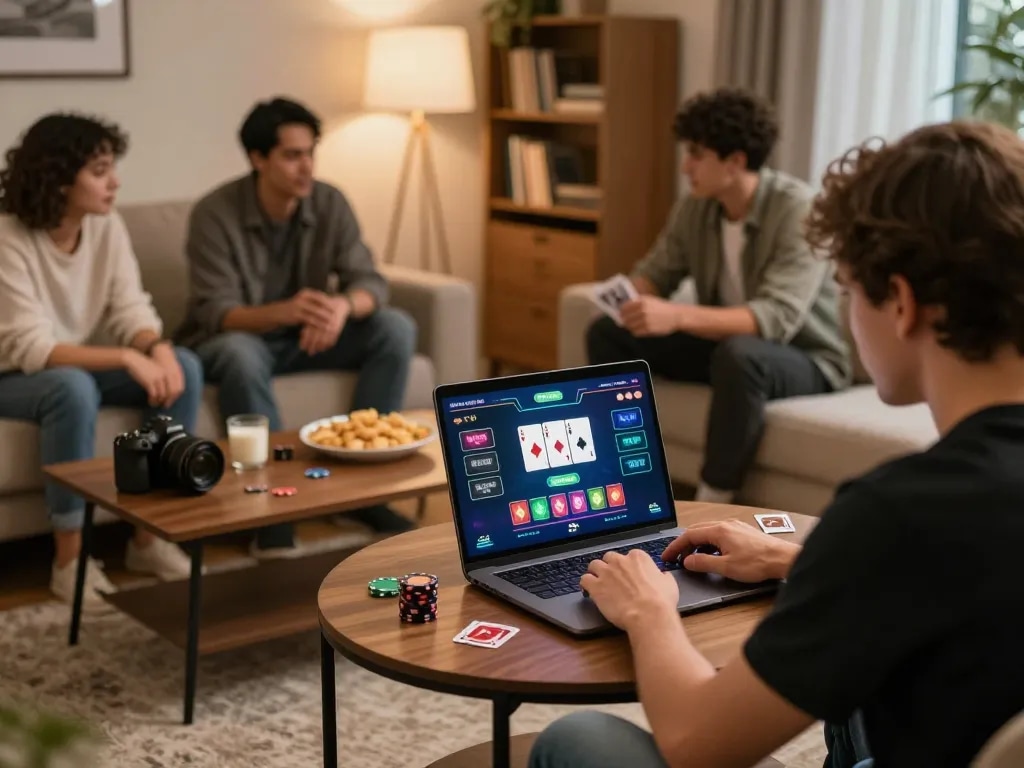 Engaged player enjoying game đổi thưởng uy tín on laptop, surrounded by friends in a cozy living room.