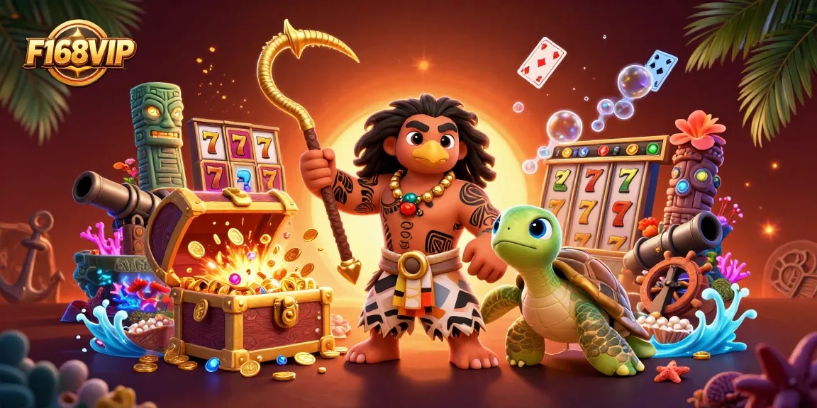 Join the exciting world of F168VIP, featuring a Polynesian hawk and treasures amidst vibrant casino elements.