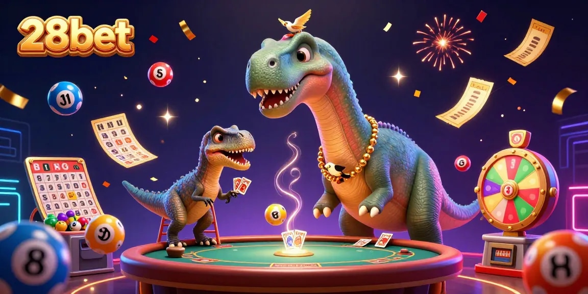 Experience fast-paced fun at 28bet casino with a vibrant 3D illustration featuring playful characters and dynamic gaming elements.