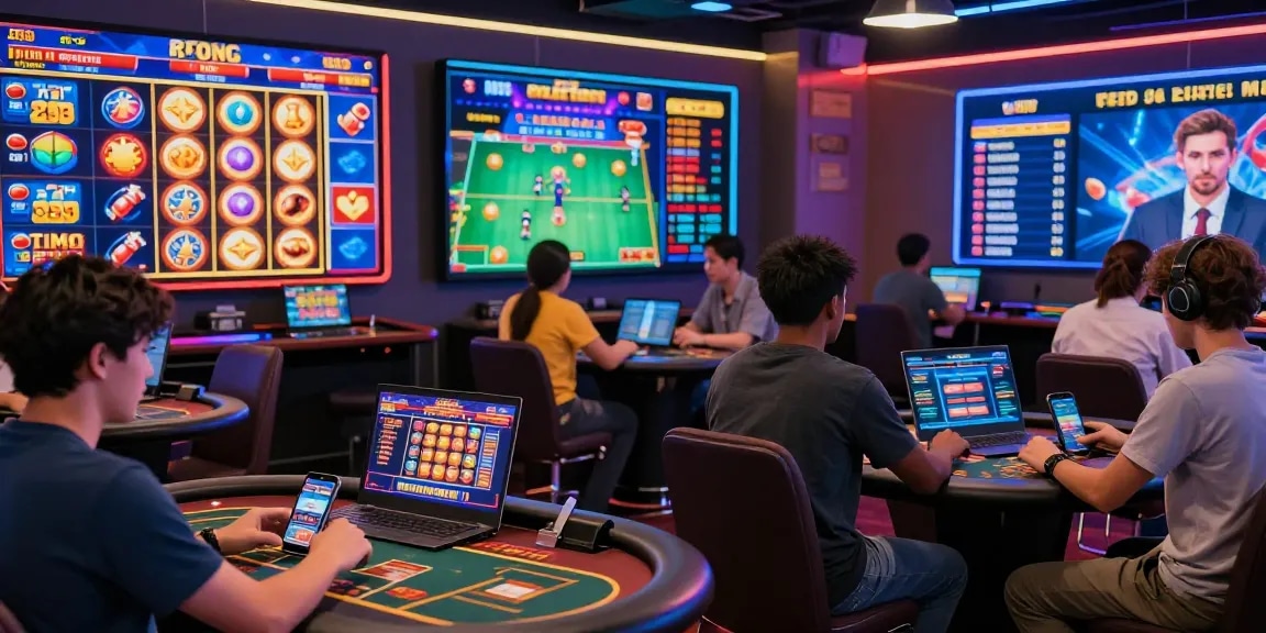 Dynamic online casino scene showcasing diverse players enjoying a trusted malaysia online casino, featuring slots, live games, and esports.