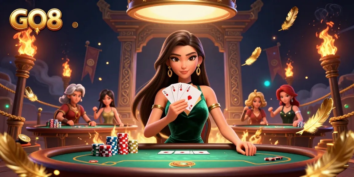 Engage with GO8 by strategizing at a luxury poker table stacked with chips and golden elements.