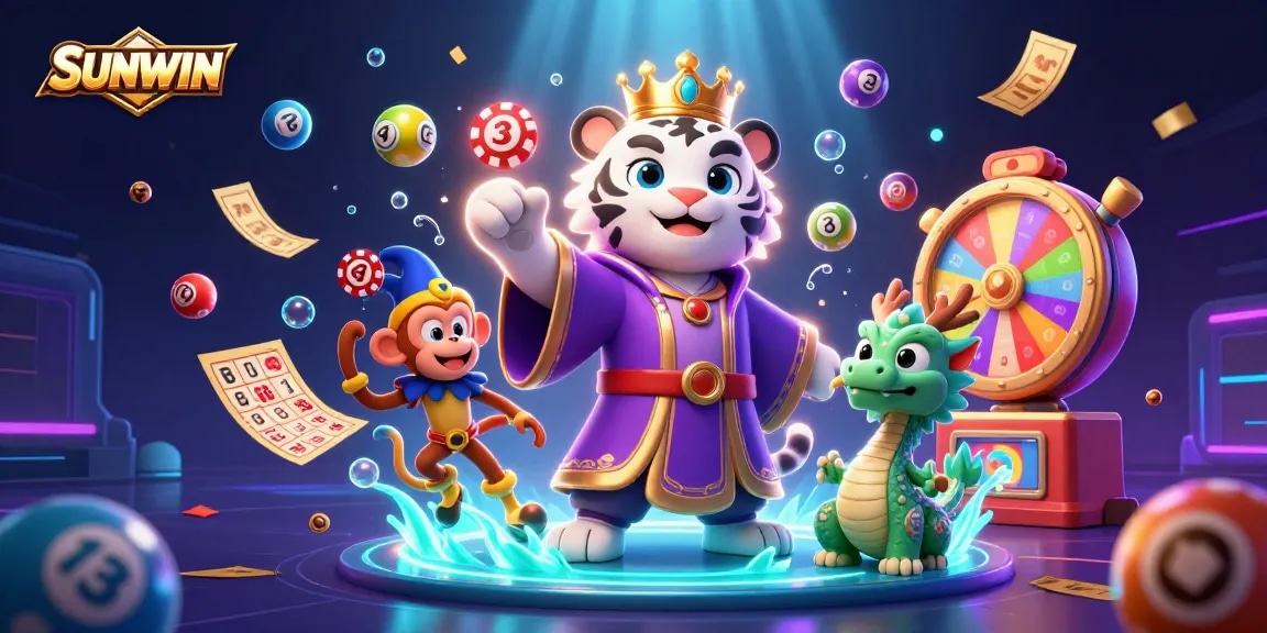 Engage with SUNWIN's vibrant gaming scene featuring a crowned white tiger, monkey, and lottery elements.