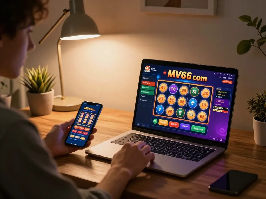 The player enjoys slots on mv66 com in a cozy home gaming setup, highlighting online casino excitement.