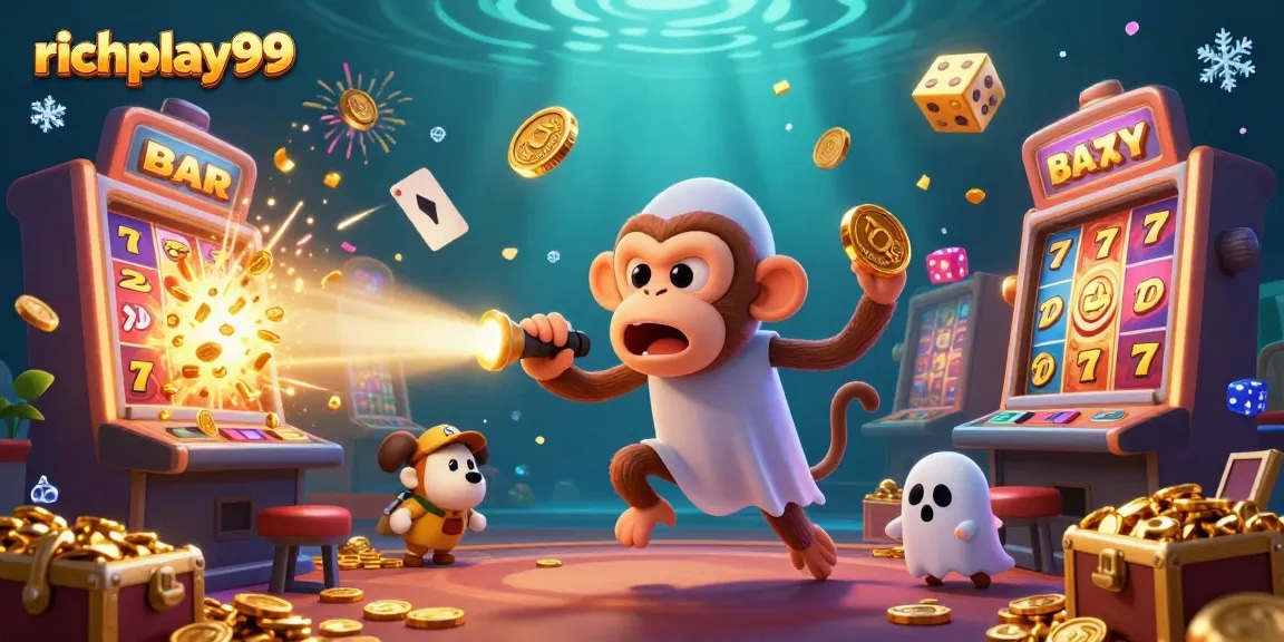 Experience richplay99's casino thrills with a dynamic illustration of a playful monkey and a curious puppy.