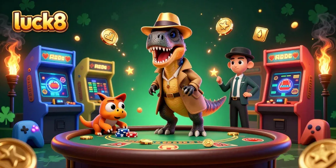 Experience luck8's vibrant gaming world with animated characters at a blackjack table.