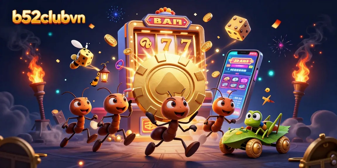 B52clubvn features ants heisting a giant poker chip in a dynamic slot machine scene.