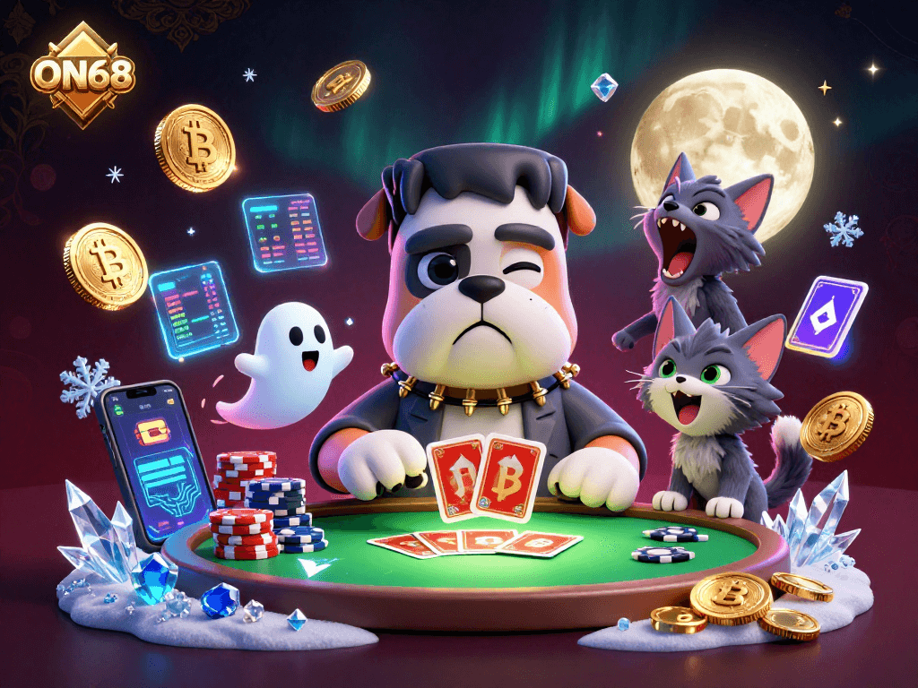 ON68 offers a vibrant gaming experience with a whimsical 3D scene filled with crypto elements and casino thrills.