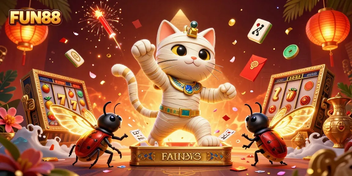 Experience FUN88 with a lively casino scene featuring a mummy cat and glowing scarab.