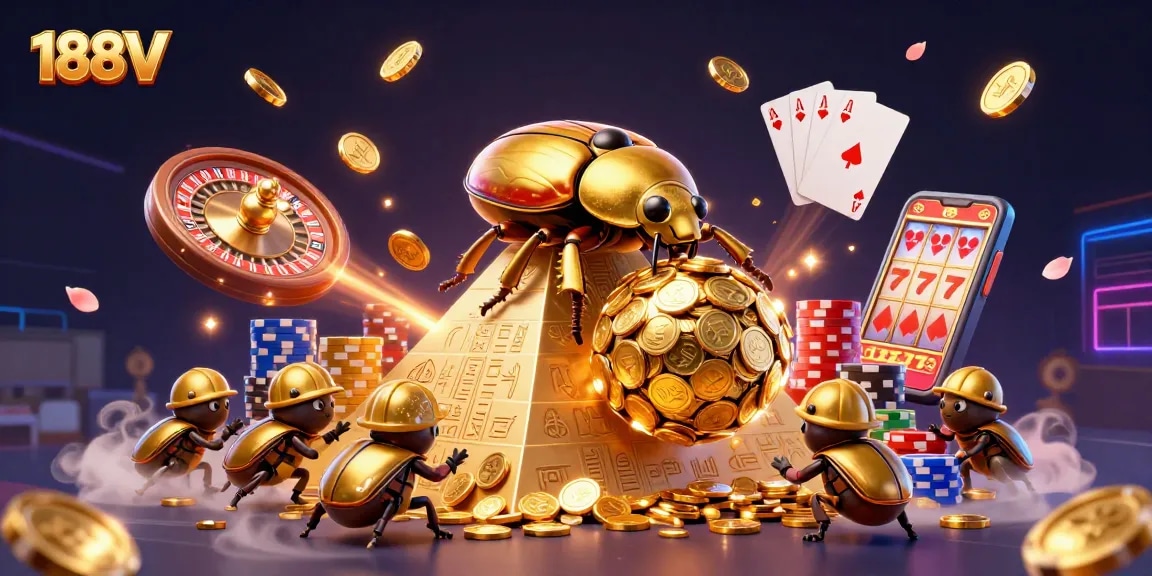 Engage with 188V's thrilling casino experience featuring a golden dung beetle and dynamic elements.