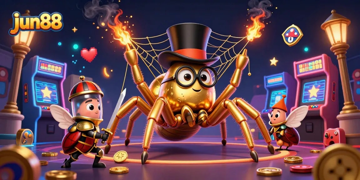 Experience thrilling gambling action with jun88 in a vibrant, dynamic casino scene featuring a golden tarantula.