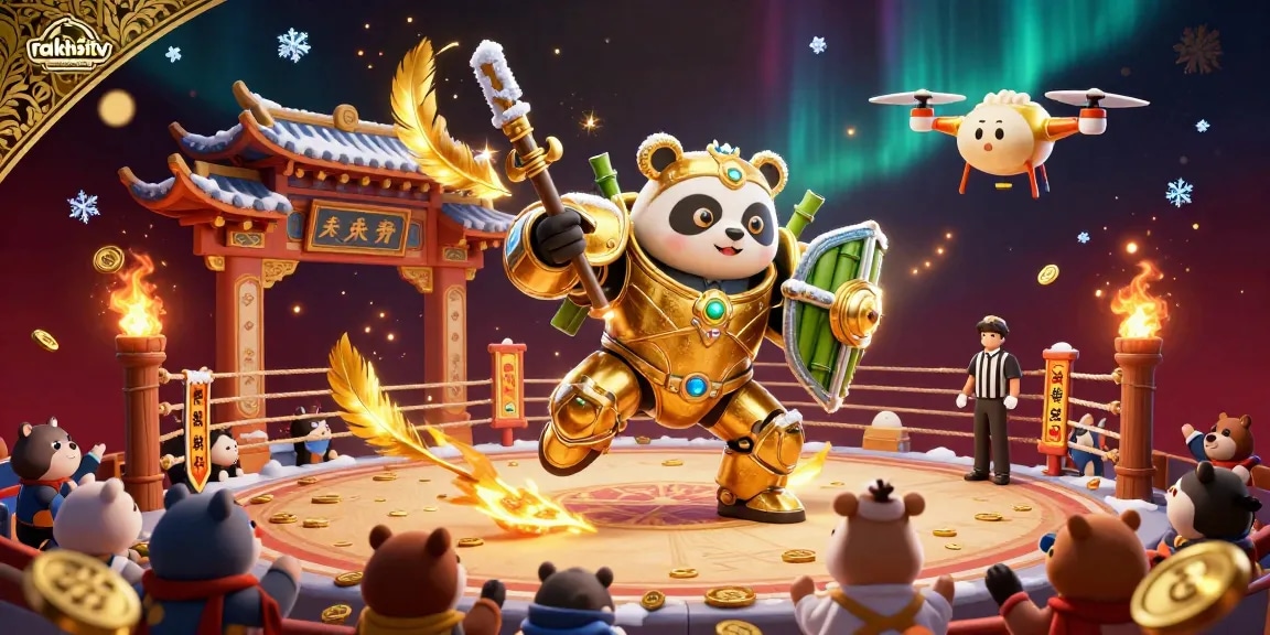 Experience sports betting excitement with rakhoitv's lively 3D illustration featuring a panda in a mech-suit.