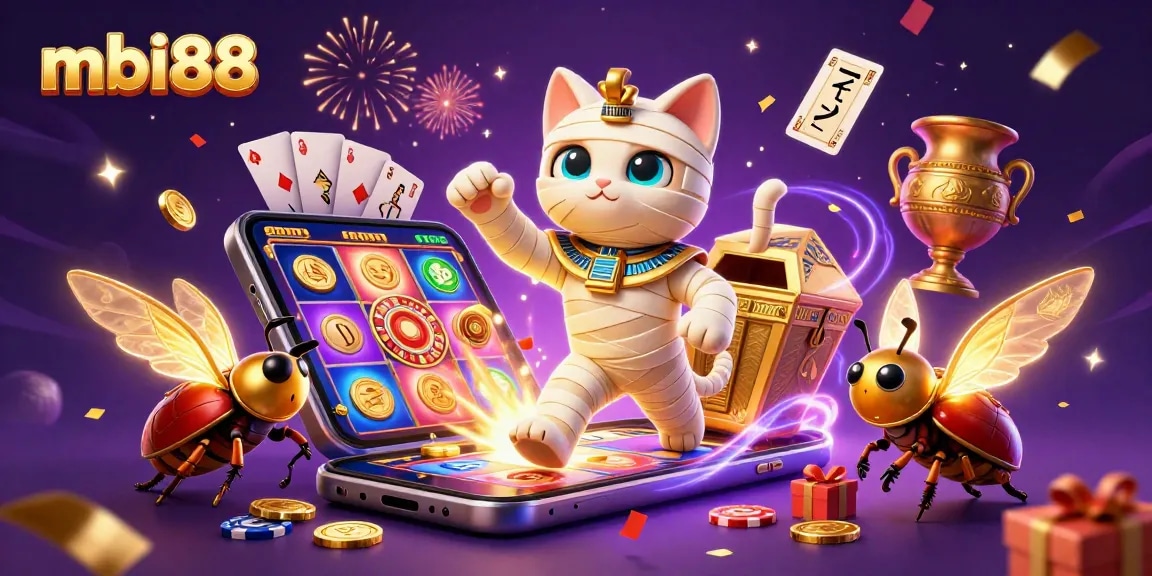 Experience gaming magic with mbi88 as a mummy cat bursts from a sarcophagus surrounded by casino elements.