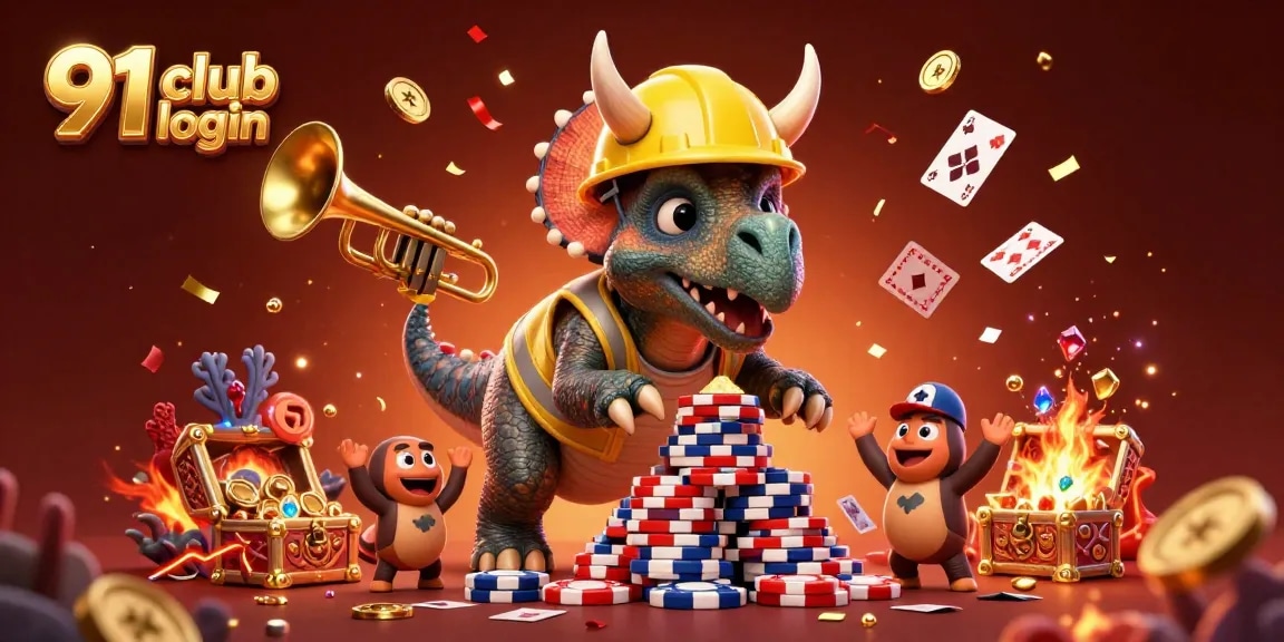 Engage in 91 club login with animated characters celebrating around poker chips and vibrant gambling elements.