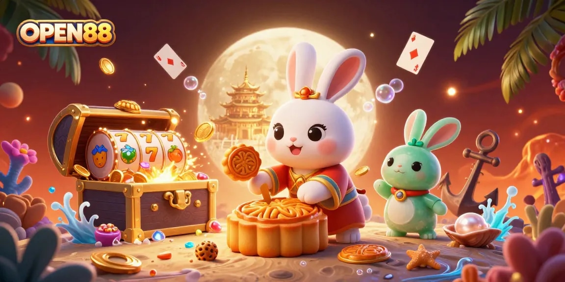 Engage at OPEN88 with vibrant 3D illustration of moon rabbit in a casino themed scene filled with slot elements.