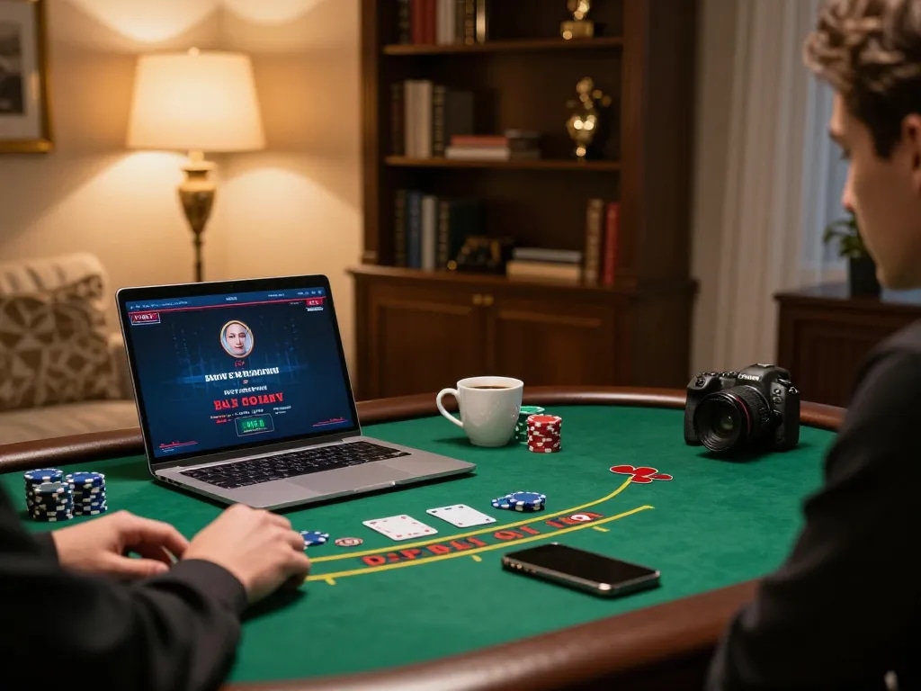 Engaging in m88.com login for live dealer blackjack at a cozy home setting with a laptop.