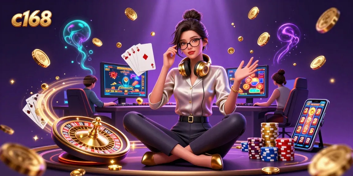 Engage with c168, showcasing casino excitement through a vibrant 3D gaming scene.