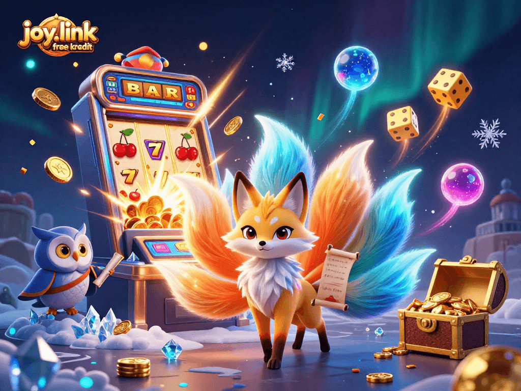 Spin the reels with joy.link free kredit and win big in this vibrant 3D casino scene.