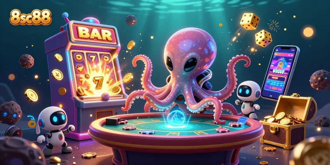 Experience thrilling gameplay at 8sc88 with vibrant casino elements, alien characters, and animated graphics.