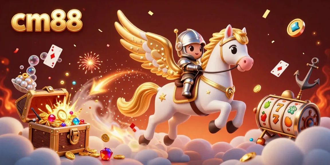 Experience stunning cm88 gaming with a magical scene of a celestial horse, knight, and casino elements.