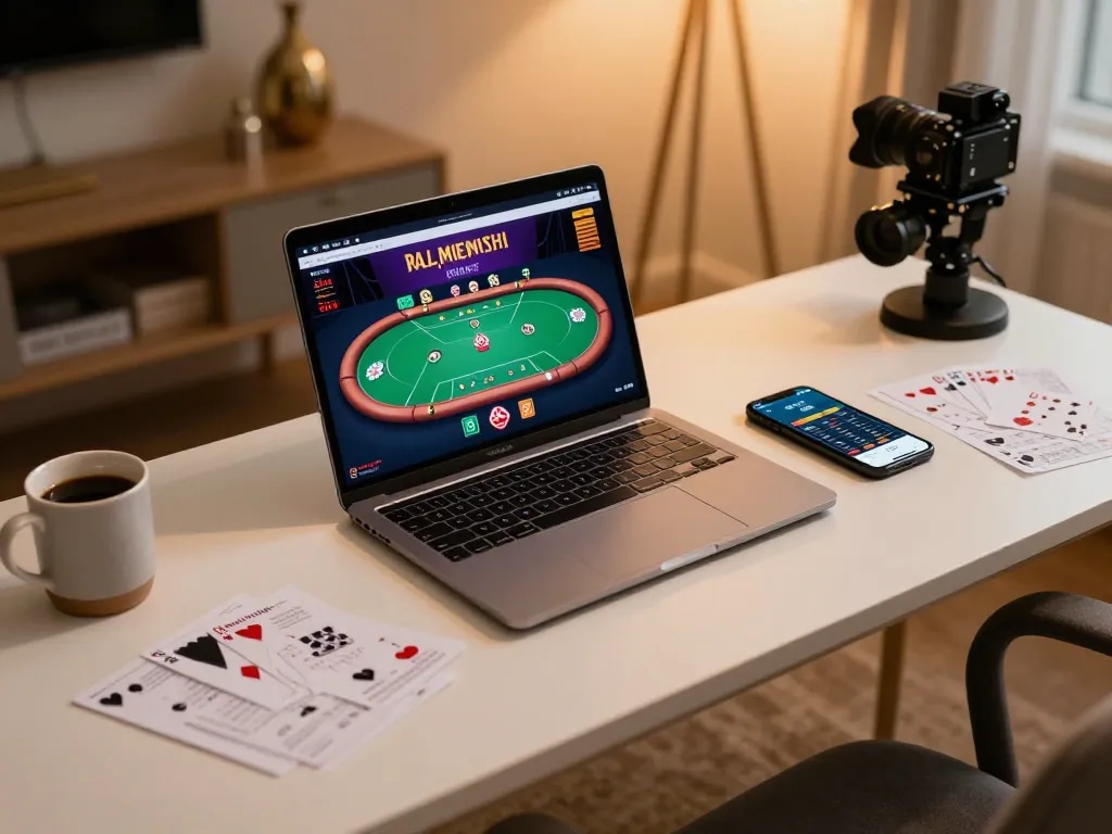 Engaged player at RR88 using online casino app on smartphone and laptop to strategize for winning